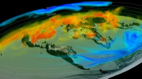 Wizualizacja 3D rozprzestrzeniania się dwutlenku węgla w atmosferze od września 2014 do września 2015