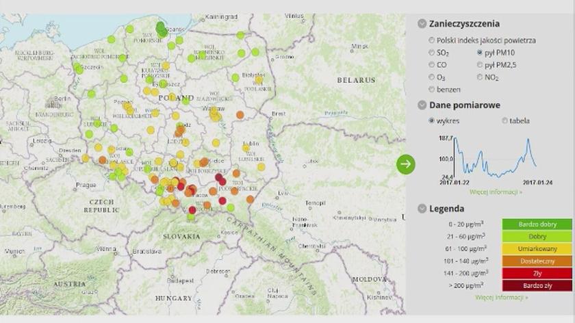 Jakość powietrza w Polsce w godz. 5-6 (GIOŚ)