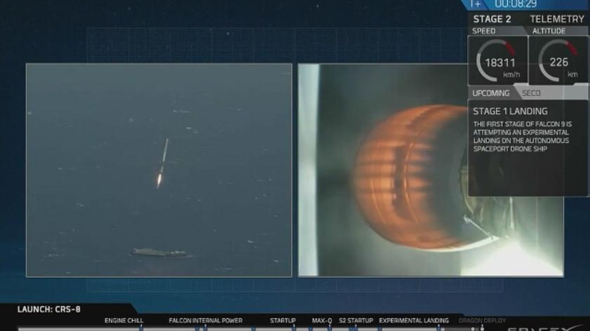 Lądowanie rakiety Falcon 9 na barce na Atlantyku
