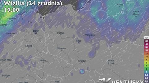 Opady deszczu i śniegu w święta (źródło: Ventusky)