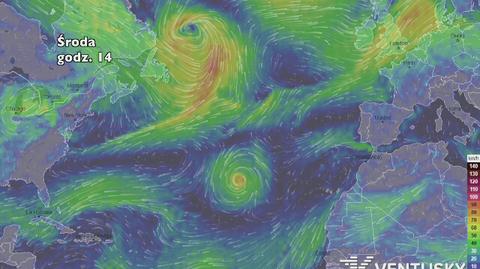 Porywy wiatru i położenie Ophelii (ventusky.com)