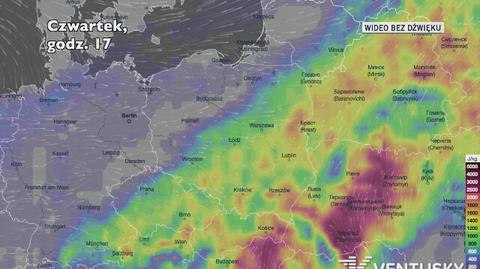 Potencjalny rozwój burz w najbliższych dniach (Ventusky.com)