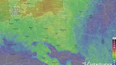 Prędkość porywów wiatru w najbliższych dniach (ventusky.com)