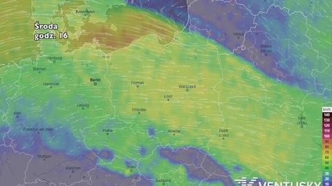 Prędkość porywów wiatru w najbliższych dniach (ventusky.com)