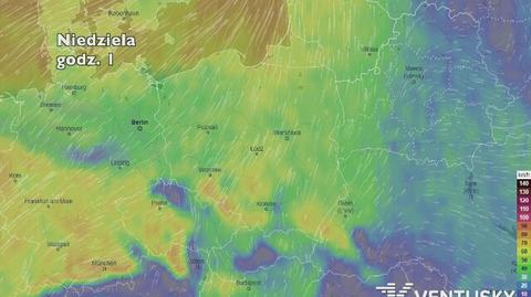 Prędkość porywów wiatru w najbliższych dniach (ventusky.com)