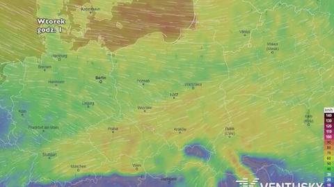Prędkość porywów wiatru w najbliższych dniach (ventusky.com)