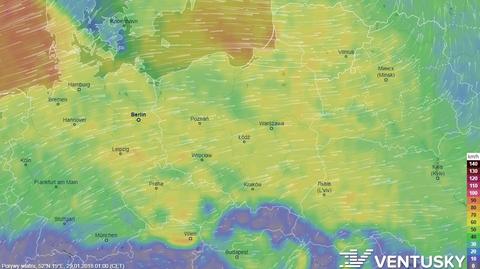 Prędkość porywów wiatru w najbliższych dniach (ventusky.com)