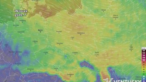 Prędkość porywów wiatru w najbliższych dniach (ventusky.com)