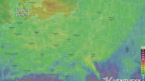 Prędkość porywów wiatru w weekend (ventusky.com)