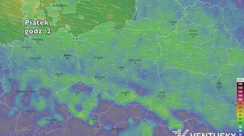 Prędkość wiatru w porywach w najbliższych dniach (ventusky.com)