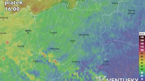 Prędkość wiatru w weekend (źródło: Ventusky)