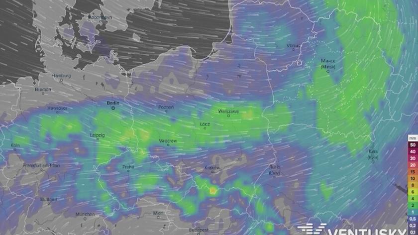 Prognoza opadów deszczu i śniegu w najbliższych dniach (Ventusky.com)