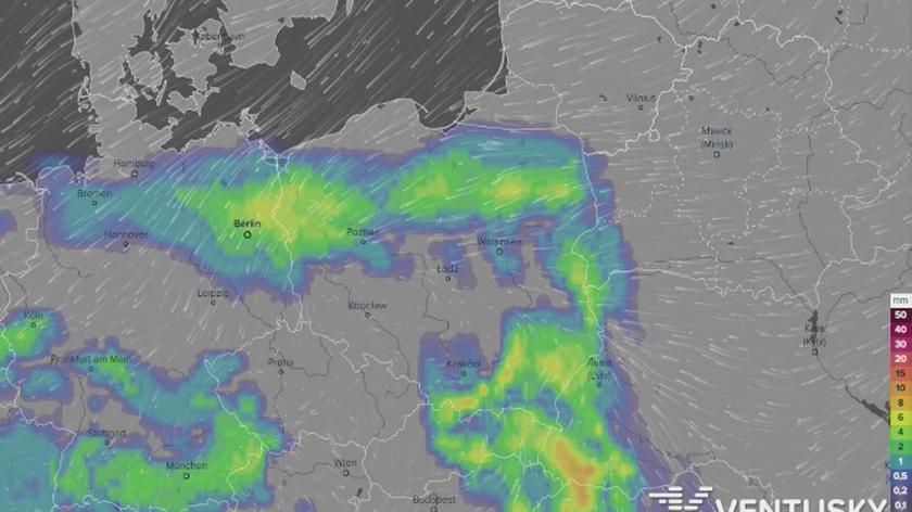Prognoza opadów w najbliższych godzinach (Ventusky.com)