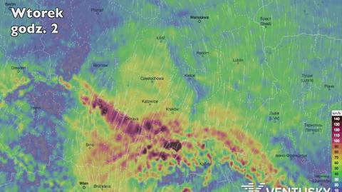 Prognoza porywów wiatru na południu (Ventusky.com)