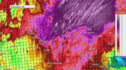 Prognoza prędkości i kierunku wiatru od środy godz. 16 do czwartku godz. 6 (ICM UW)