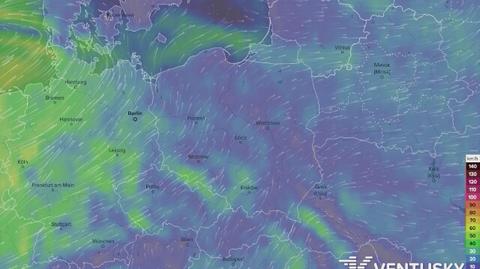 Prognozowana prędkość wiatru w najbliższych dniach (Ventusky.com)