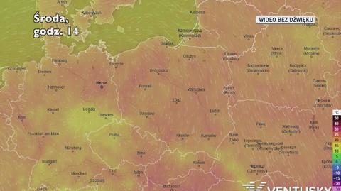 Prognozowana temperatura w ciągu kolejnych dni (Ventusky)