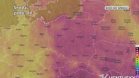 Prognozowana temperatura w ciągu kolejnych dni (Ventusky)