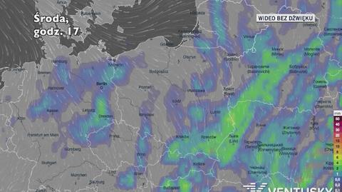 Prognozowane opady deszczu w kolejnych dniach (Ventusky.com)