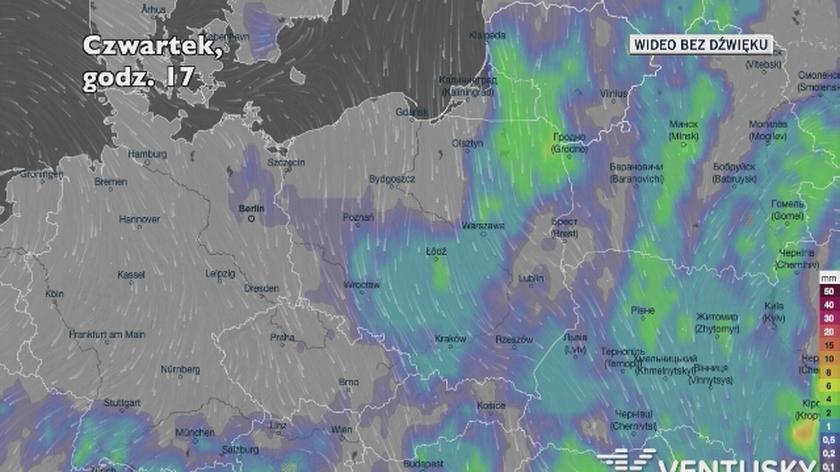 Prognozowane opady deszczu w kolejnych dniach (Ventusky.com)