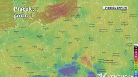 Prognozowane porywy wiatru najbliższych dniach (Ventusky.com)