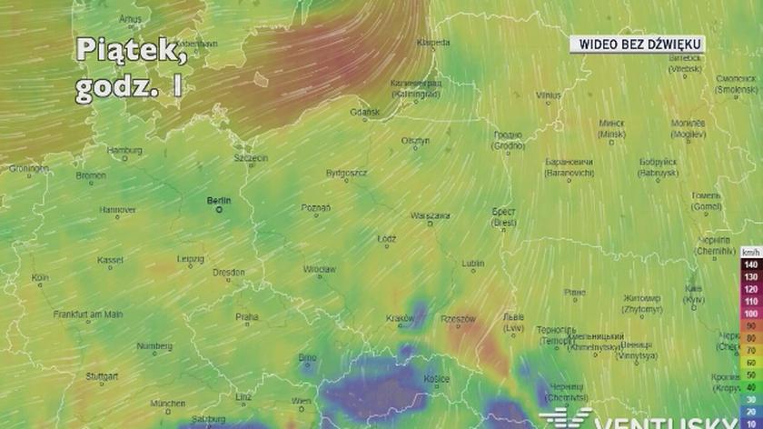 Prognozowane porywy wiatru najbliższych dniach (Ventusky.com)