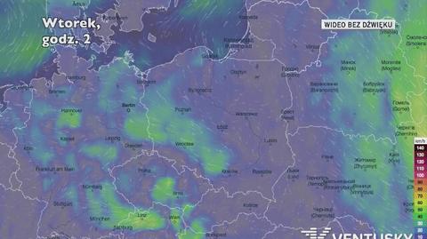 Prognozowane porywy wiatru w ciągu kolejnych dni (Ventusky)