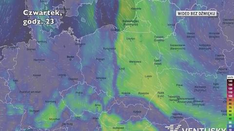 Prognozowane porywy wiatru w ciągu kolejnych dni (Ventusky)