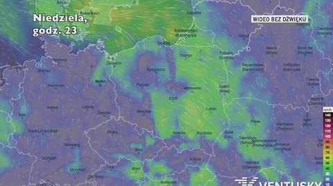 Prognozowane porywy wiatru w ciągu kolejnych dni (Ventusky)