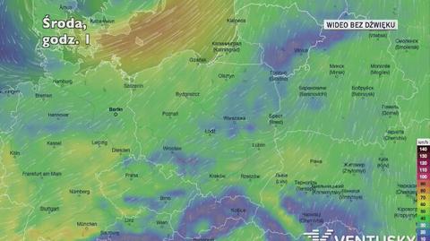 Prognozowane porywy wiatru w ciągu najbliższych dni (Ventusky.com)