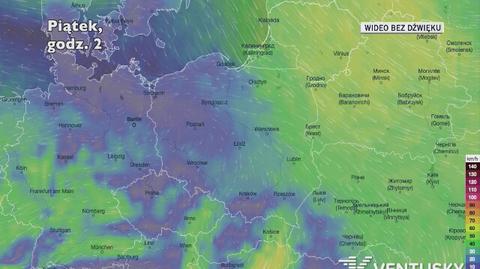 Prognozowane porywy wiatru w ciągu najbliższych dni (Ventusky.com)