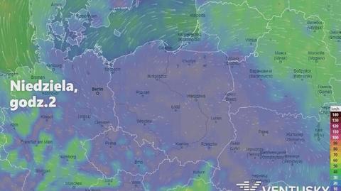 Prognozowane porywy wiatru w ciągu najbliższych dni (Ventusky.com | wideo bez dźwięku))