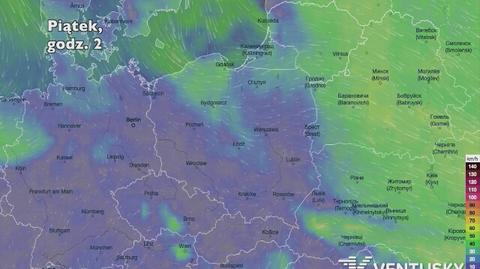 Prognozowane porywy wiatru w ciągu najbliższych dni (Ventusky.com | wideo bez dźwięku)