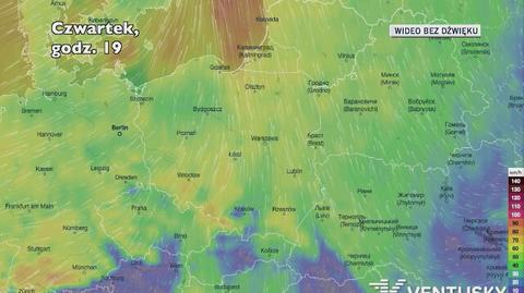 Prognozowane porywy wiatru w czwartek (Ventusky)