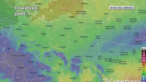 Prognozowane porywy wiatru w kolejnych dniach (Ventusky.com)