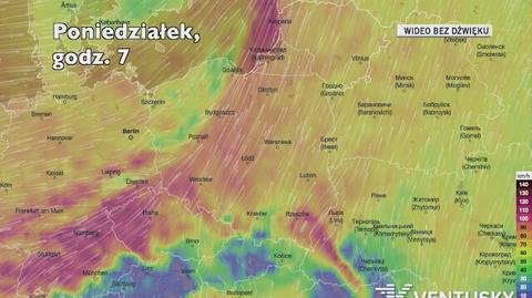 Prognozowane porywy wiatru w kolejnych dniach (Ventusky.com)