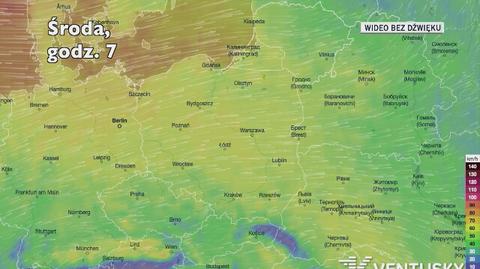 Prognozowane porywy wiatru w kolejnych dniach (Ventusky.com)