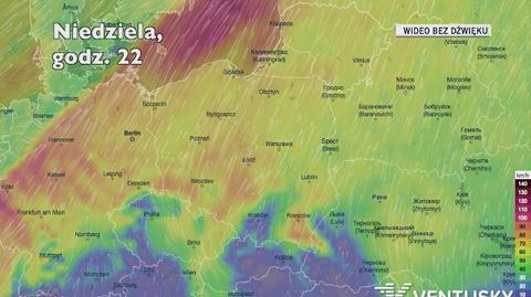 Prognozowane porywy wiatru w kolejnych dniach (Ventusky.com)