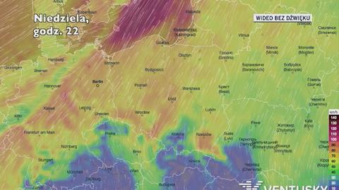 Prognozowane porywy wiatru w kolejnych dniach (Ventusky.com)