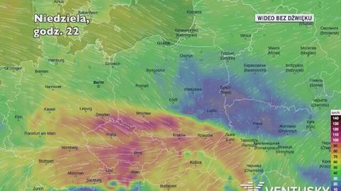 Prognozowane porywy wiatru w kolejnych dniach (Ventusky.com)