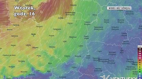 Prognozowane porywy wiatru w kolejnych dniach (Ventusky.com)