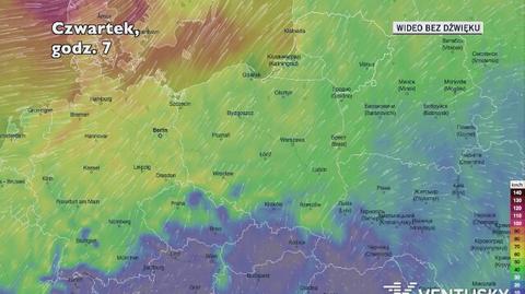 Prognozowane porywy wiatru w kolejnych dniach (Ventusky.com)