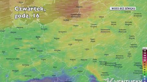 Prognozowane porywy wiatru w kolejnych dniach (Ventusky.com)