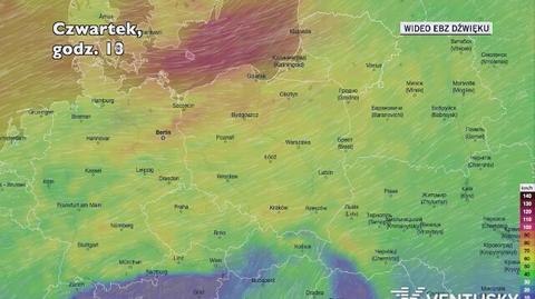 Prognozowane porywy wiatru w kolejnych dniach (Ventusky.com)