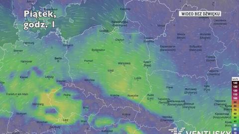 Prognozowane porywy wiatru w kolejnych dniach (Ventusky.com)