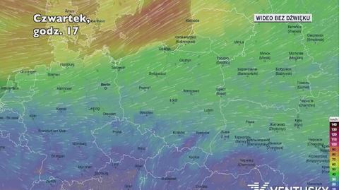 Prognozowane porywy wiatru w kolejnych dniach (Ventusky.com)