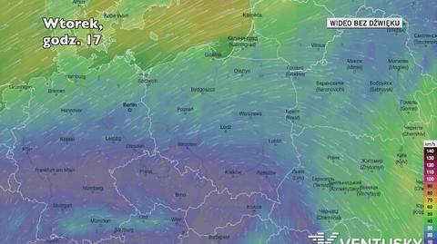 Prognozowane porywy wiatru w kolejnych dniach (Ventusky.com)