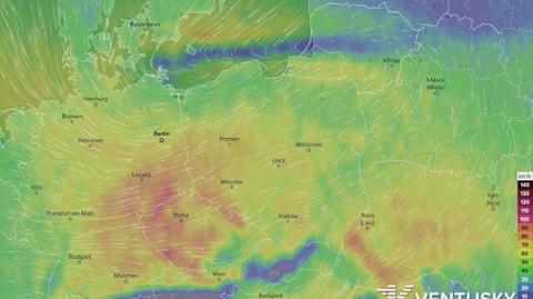 Prognozowane porywy wiatru w najbliższych dniach (Ventusky.com)