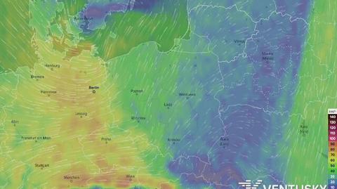 Prognozowane porywy wiatru w najbliższych dniach (Ventusky.com)