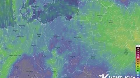 Prognozowane porywy wiatru w najbliższych dniach (Ventusky.com)